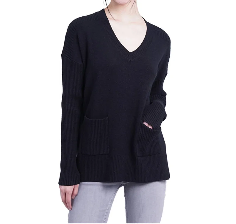 Patch Pocket Tunic Sweater In Black Ribbed Striped Patterned