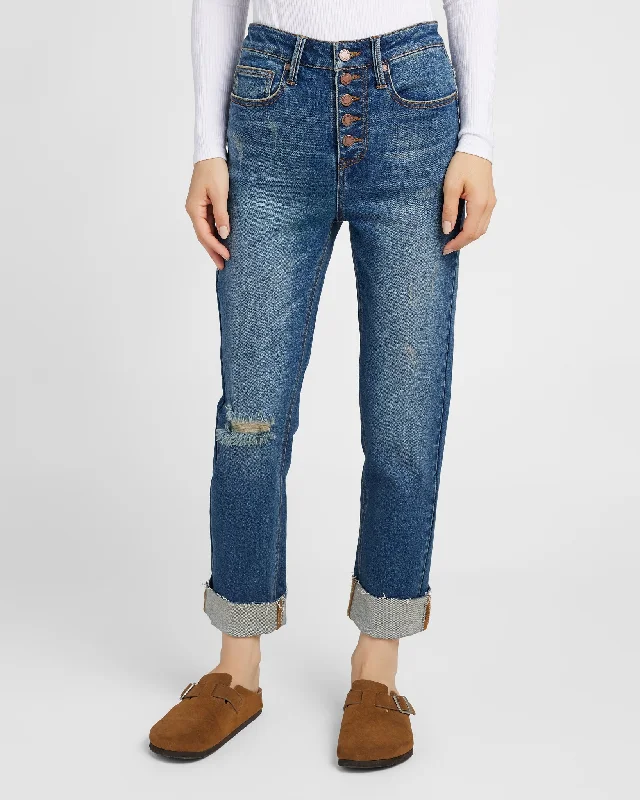 Phoebe High Rise Mom Jeans with Button Fly Elegant Dark-Wash Bootcut Jeans