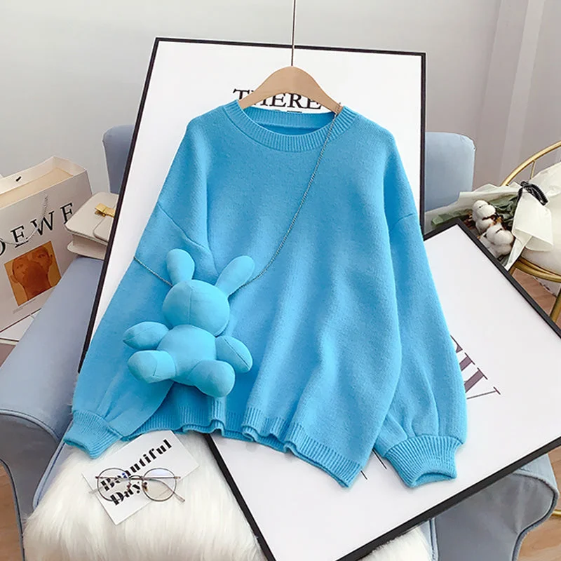 Pink cute doll rabbit sweater sweater sweater  5066 Oversized Loose Flowy