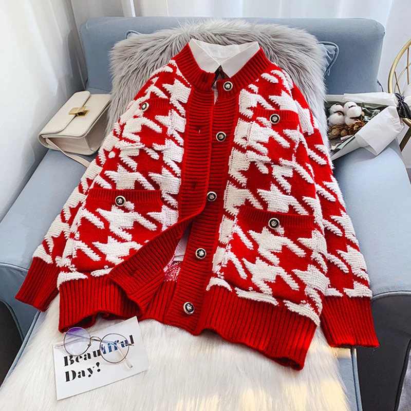 Qianniao check cardigan sweater xiaoxiangfeng knitted coat  5087 Sequined Glittery Shiny