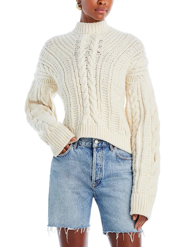 Shelby Womens Open Stitch Long Sleeve Funnel-Neck Sweater Embroidered Appliqued Beaded