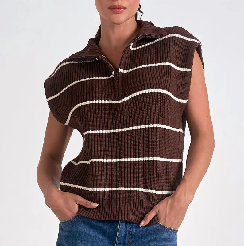 Sleeveless Zip Up Sweater In Brown Stripe Boat Neck Shawl Collar Notched Collar