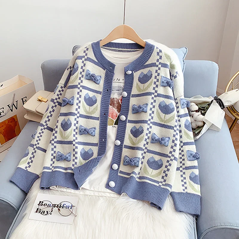 Soft milk blue sweater new knitted coat  5067 Graphic Sweater Embroidered Appliqued