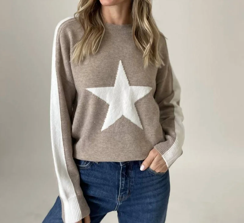 Star Graphic Sweater In Latte/white Rayon Fabric Velvet Fabric Corduroy Fabric