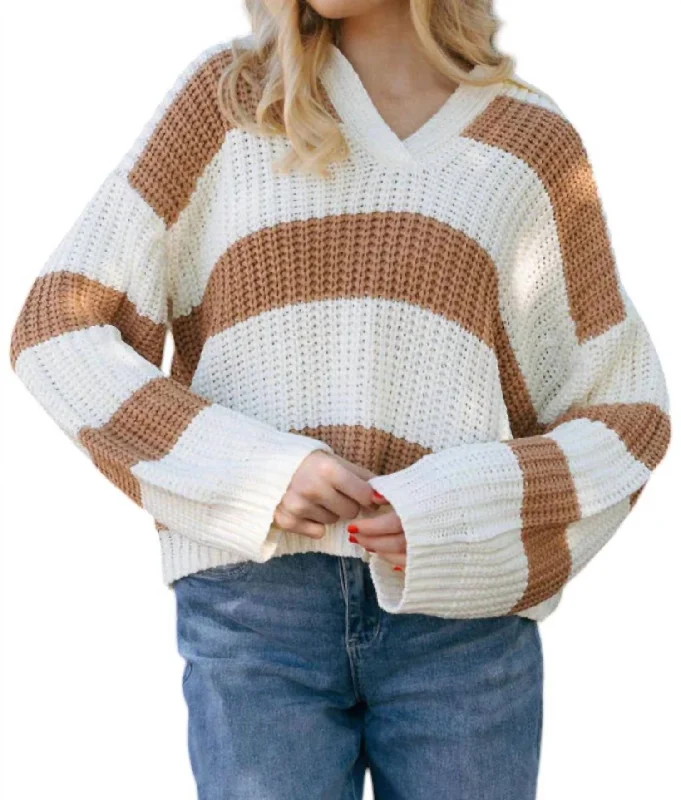 Stripe Sweater In Camel Elegant Classic Vintage
