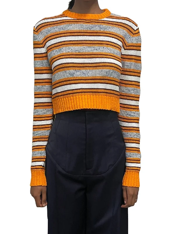 Striped Cotton Crewneck Sweater In Bright Orange Glossy Satin Silk