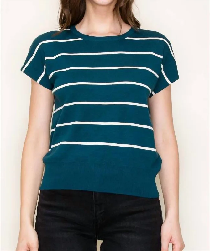 Striped Short Sleeve Sweater Top In Teal Jersey Fabric Tulle Fabric Batik Fabric