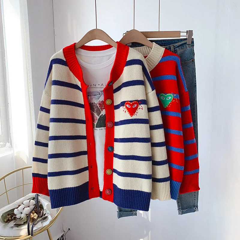 Striped sweater net red knitted cardigan  5074 Real Fur Shearling Chenille