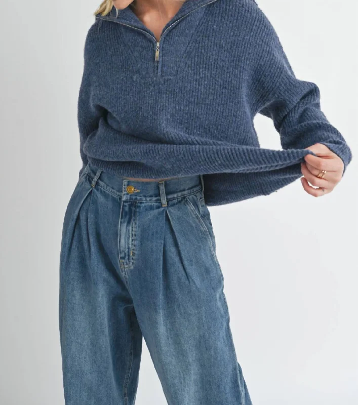 Susan Half Zip Up Sweater In Midnight Zippered Front Buttoned Front Snap Front