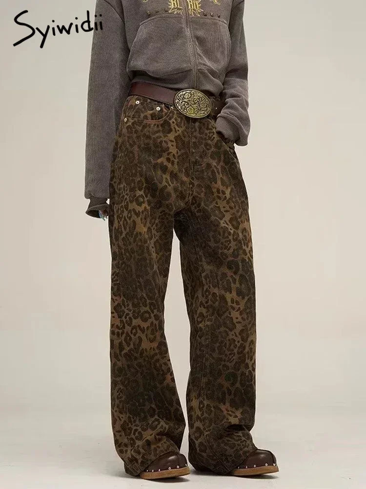 Leopard Print Y2k Jeans Women Oversized Wide Leg Denim Trousers Comfortable Drawstring Waist Jeans