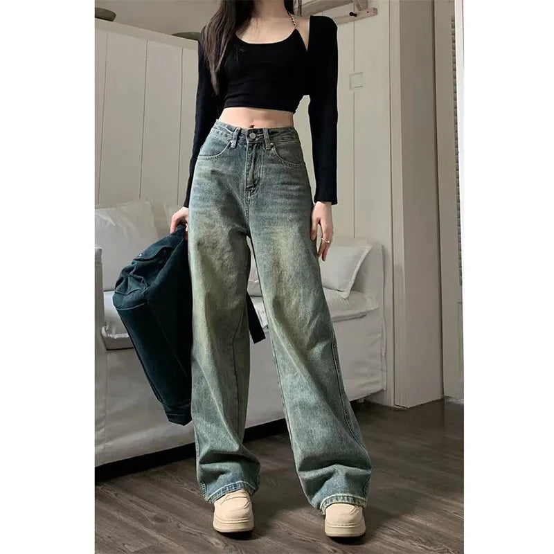 Baggy Straight Denim Trousers Female Y2K High Waist Loose Wide Leg Jeans Fashionable Jeggings Style Jeans