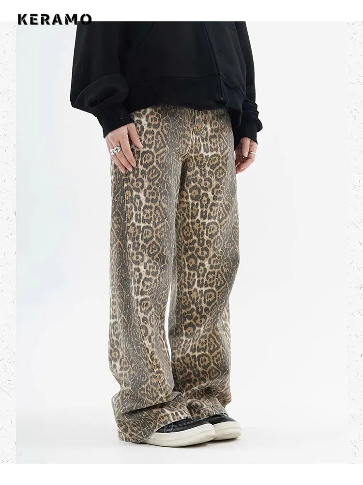 Vintage Leopard Print Jeans Women Spring Oversize Casual Hip Pop Wide Leg Trouser Stylish Paperbag Waist Denim