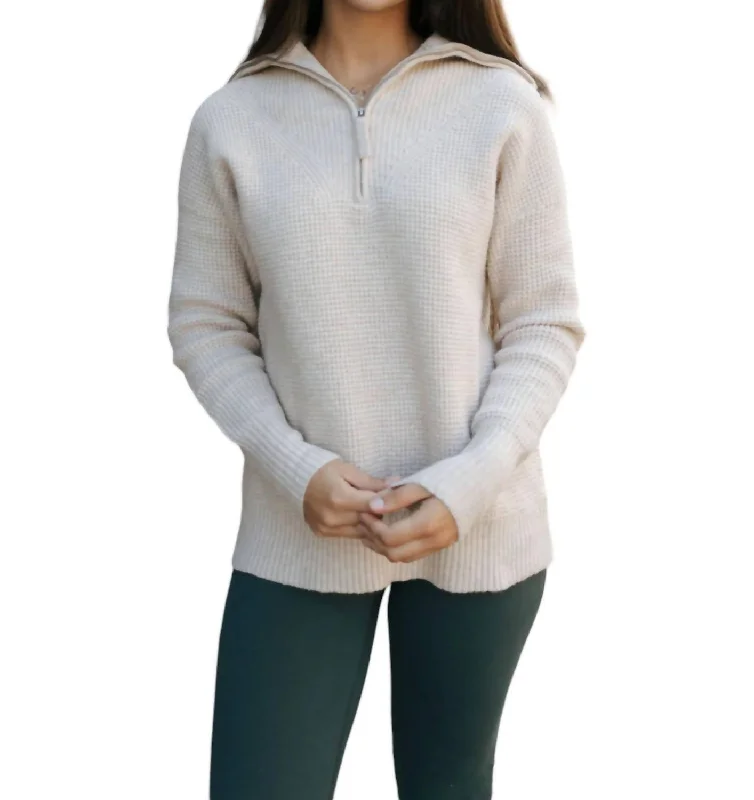Waffle Sweater In Oatmeal Turtle Neck Boat Neck Asymmetrical Neck