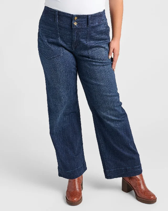 Plus Size Wide Leg Trouser Jeans with Patch Pockets Comfortable Folded Hem Jeans