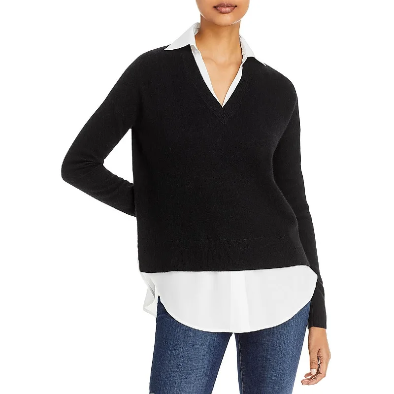 Womens Cashmere Layered Pullover Sweater Welt Pockets Slit Pockets Flap Pockets