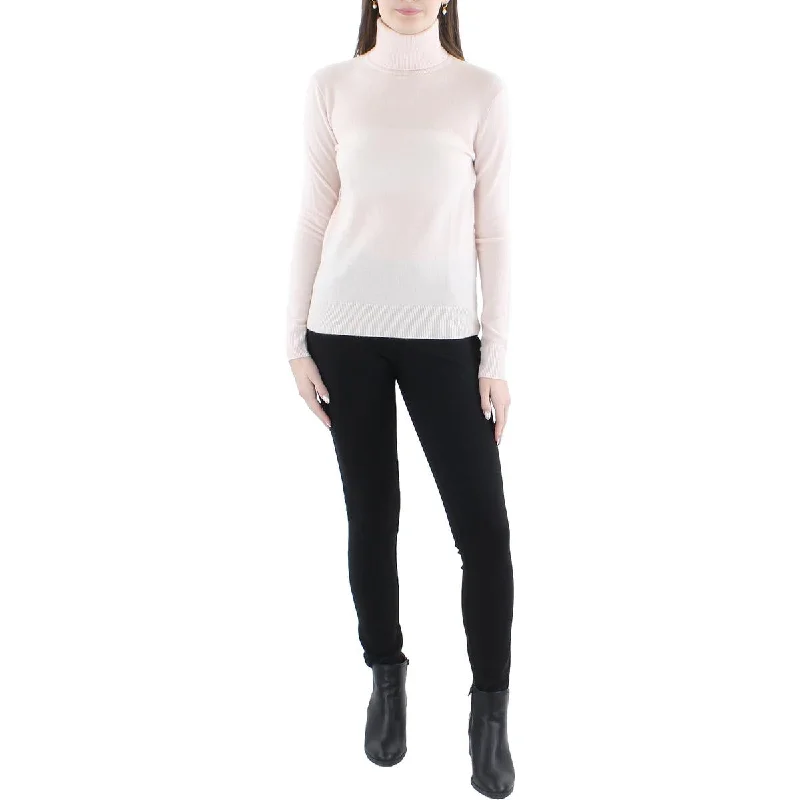 Womens Cashmere Ribbed Trim Turtleneck Sweater Toggled Drawstring Belted