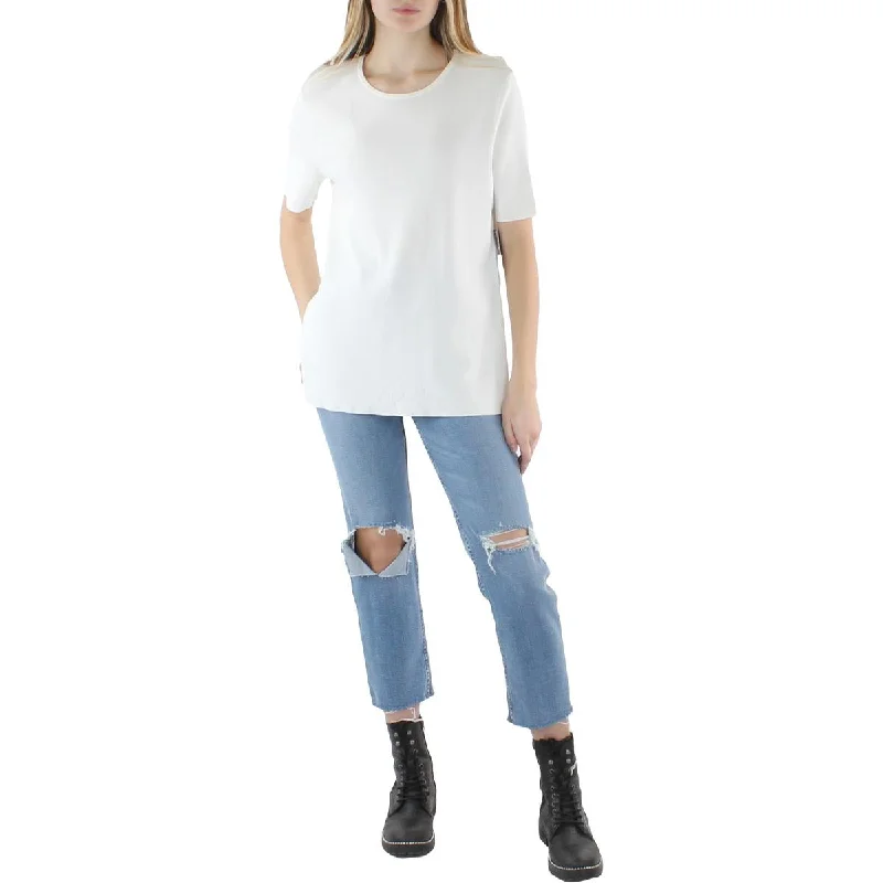 Womens Crewneck Knit Pullover Sweater Front Pockets Side Pockets Patch Pockets
