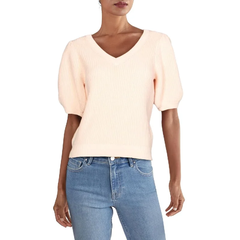 Womens Puff Sleeve V-Neck Pullover Sweater Chenille Fabric Brocade Fabric Lace Fabric