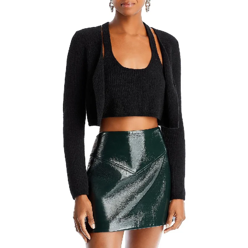 Womens Ribbed Knit Crop Sweater Real Fur Shearling Chenille