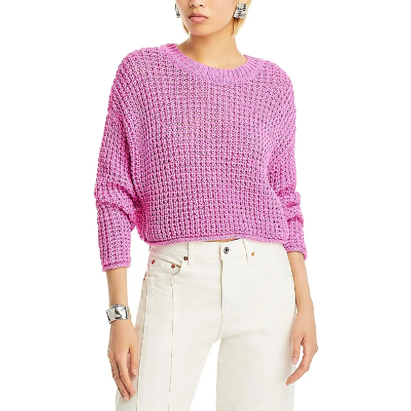 Womens Waffle Knit Crewneck Crop Sweater Zippered Buttoned Snapped