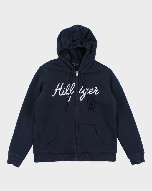 00s Tommy Hilfiger Navy Fleece Lined Hoodie - L Hoodie with Fur Luxurious Winter
