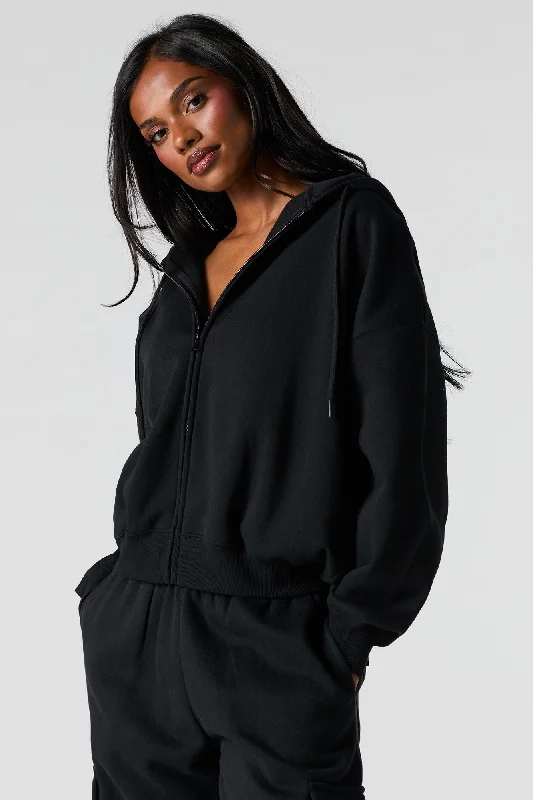 Boxy Zip-Up Fleece Hoodie Hoodie with Toggle Buttons Decorative Unique