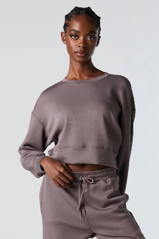 Active Cropped Crewneck Sweatshirt Hoodie with Cuffed Sleeves Snug Secure