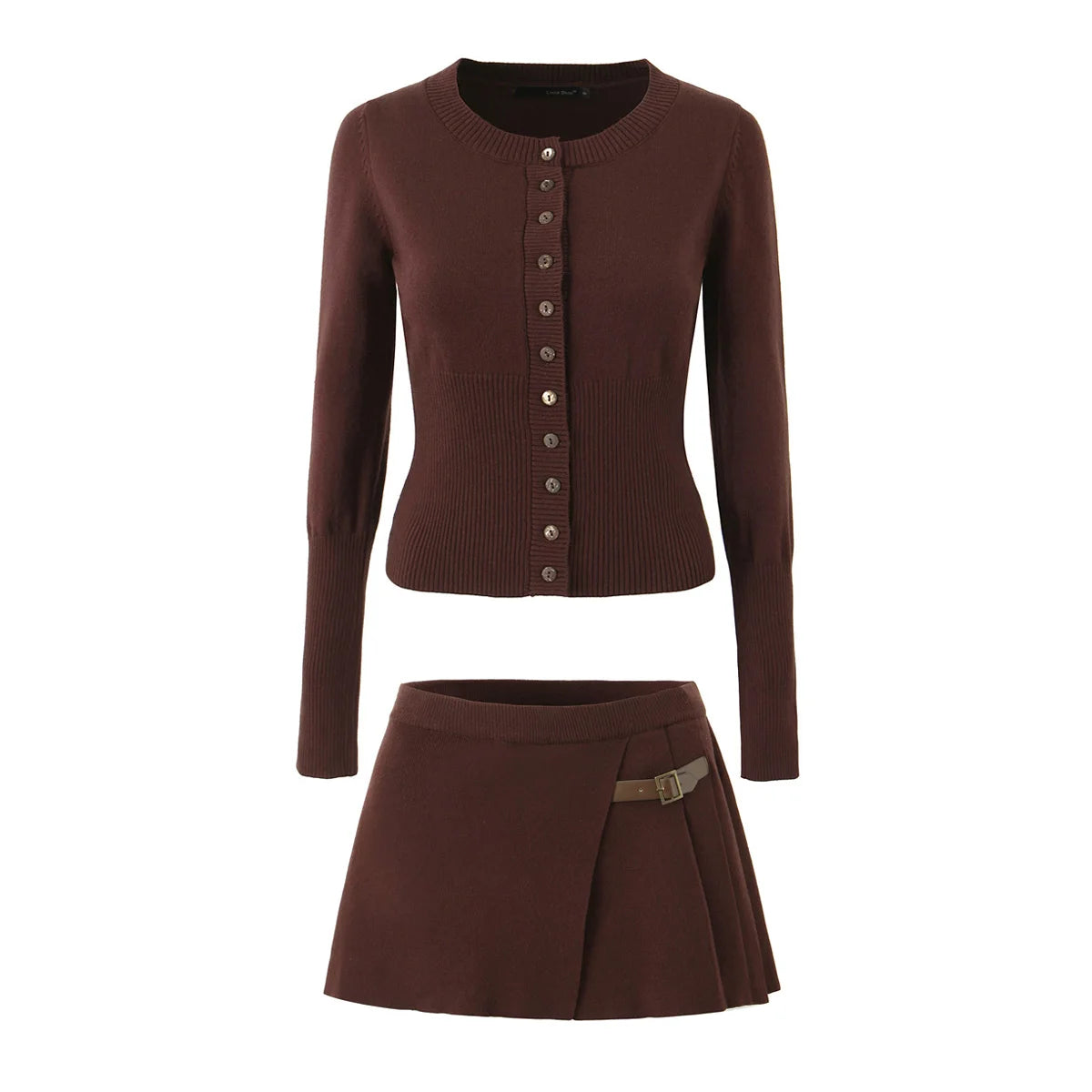 A&A Knitted Crew Neck Cardigan And  Waist Pleated Slit Hem Mini Skirt Set seamless skirt comfort