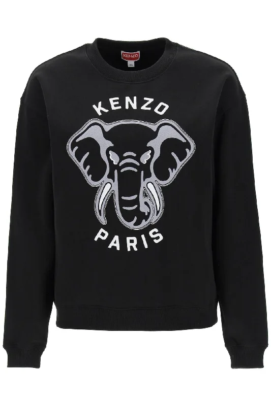 'varsity Jungle' Elephant Embroidered Sweatshirt  - Black Hoodie with Relaxed Fit Easy Casual