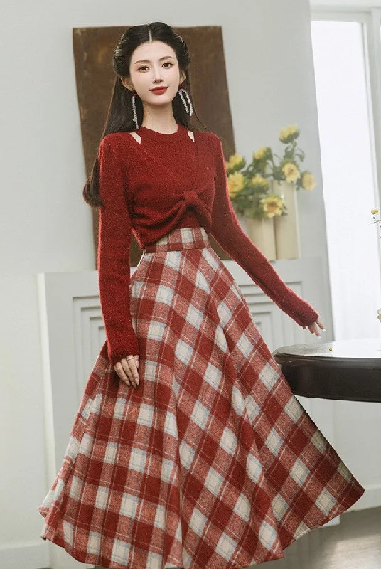 Academia Knit Top Plaid Skirt Set corduroy skirt comfortable