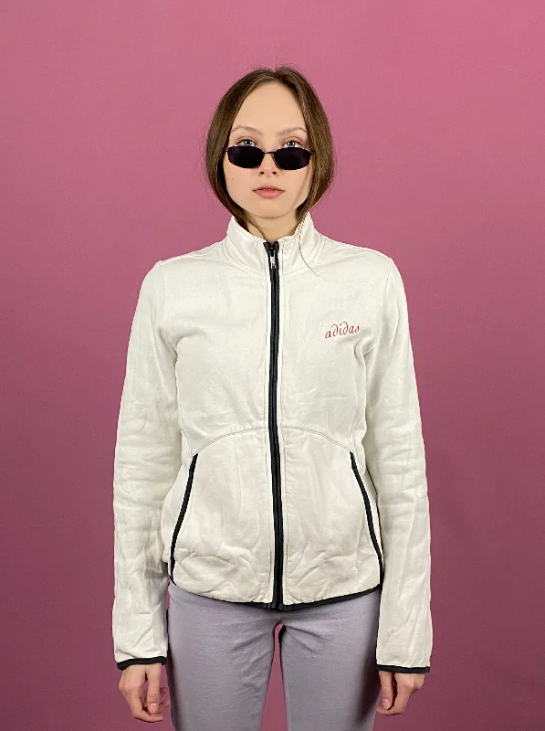 Adidas Vintage Women's Full Zip Sweatshirt - M White Cotton Hoodie with Side Slits Relaxed Casual