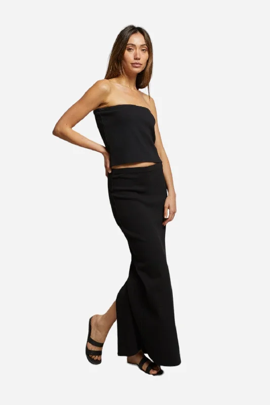 Perfect White Tee Aja Rib Maxi Skirt in True Black a-line skirt cut