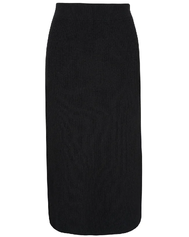 Black Ribbed Cashmere Midi Skirt seamless skirt comfort