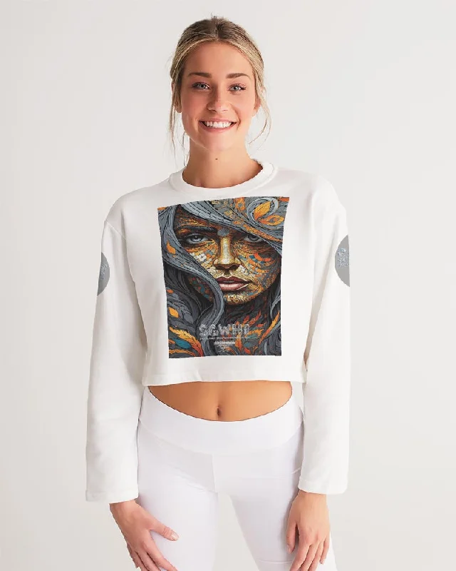 Beautiful Mosaic White Sister  Women's All-Over Print Cropped Sweatshirt Hoodie with Puffed Sleeves Voluminous Trendy