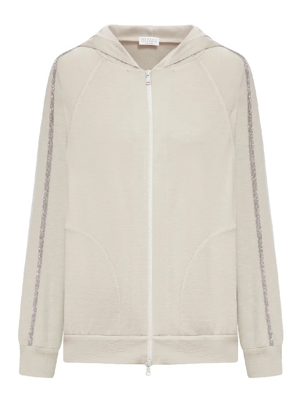 Cotton and silk interlock hooded topwear with Precious Stripe Hoodie with Belted Waist Structured Tailored