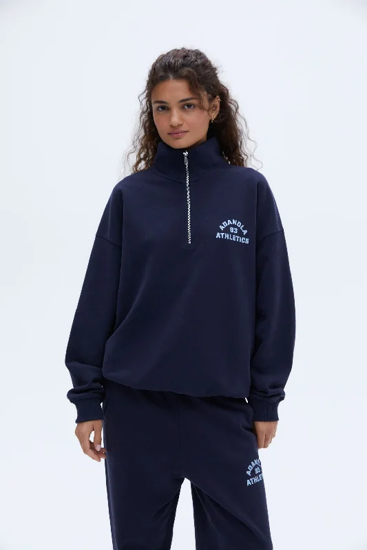 Campus Oversized Funnel Neck Zip Sweatshirt - Navy Blue/Powder Blue Hoodie with Camouflage Military Edgy