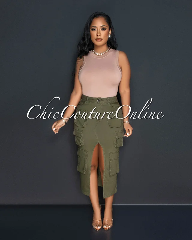 Carine Olive Green Front Slit Maxi Cargo Skirt silk skirt luxurious