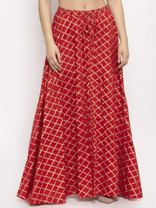 Women'S Red Printed Rayon Skirt floral skirt print