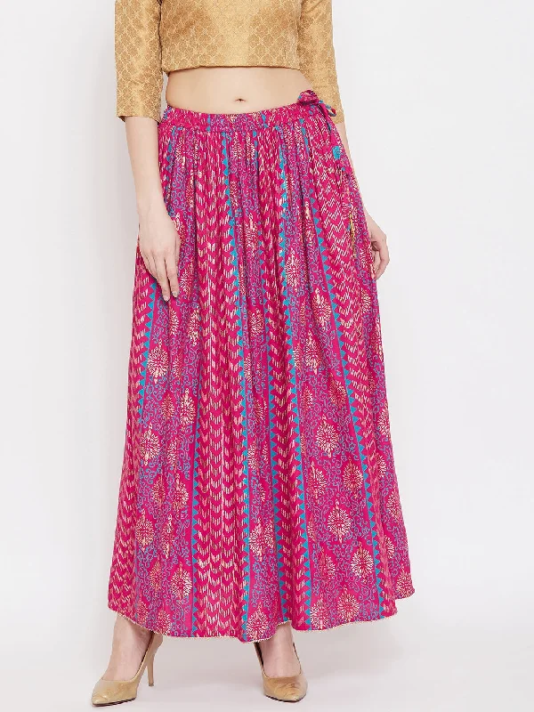 Women'S Magenta Printed Rayon Maxi Skirt corduroy skirt durable