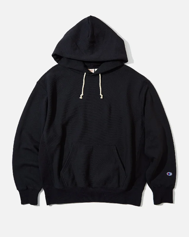 Reverse Weave Hooded Sweatshirt - Black Hoodie with Thumb Holes Functional Cozy