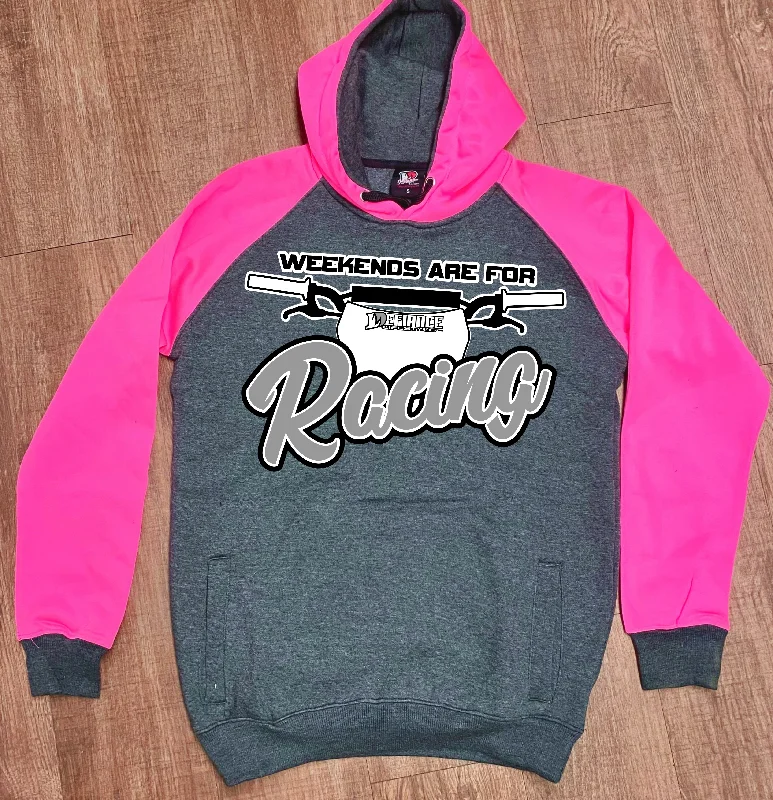 Weekends are for RACING Neon Pink/grey Hoodie Hoodie with Half-Zip Sporty Casual