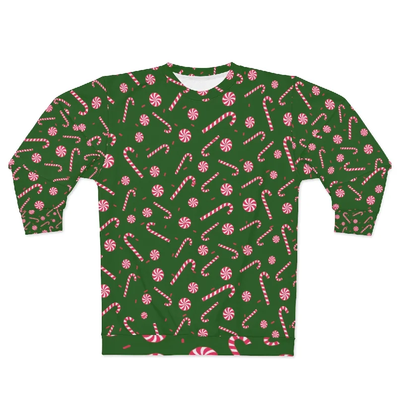 Dark Green Red Candy Cane Print Christmas Holiday Unisex Sweatshirt - Made in USA Hoodie with Cropped Fit Short Trendy