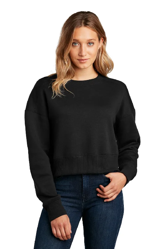 District Womens Perfect Weight Fleece Cropped Crewneck Sweatshirt - Jet Black Hoodie with Hem Applique Textured Unique