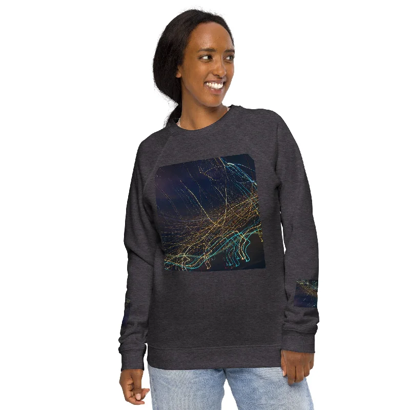 Eco-Chic Unisex Raglan Sweatshirt with Abstract Design - Shop Now! Hoodie with Tied Waist Feminine Flattering