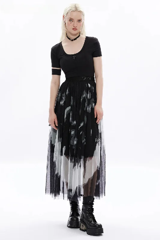 Women's Daily Tie Dyed Gauze Letter Embroidery Logo Rivet At Waist Fashion Girl Mid-length Skirt spandex blend skirt