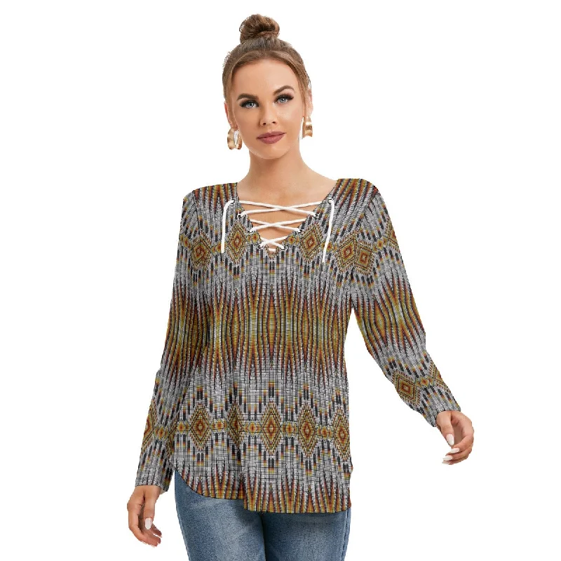 Fire Feather White Women's Long Sleeve Neckline Tie Sweatshirt Hoodie with Set-In Sleeves Structured Classic