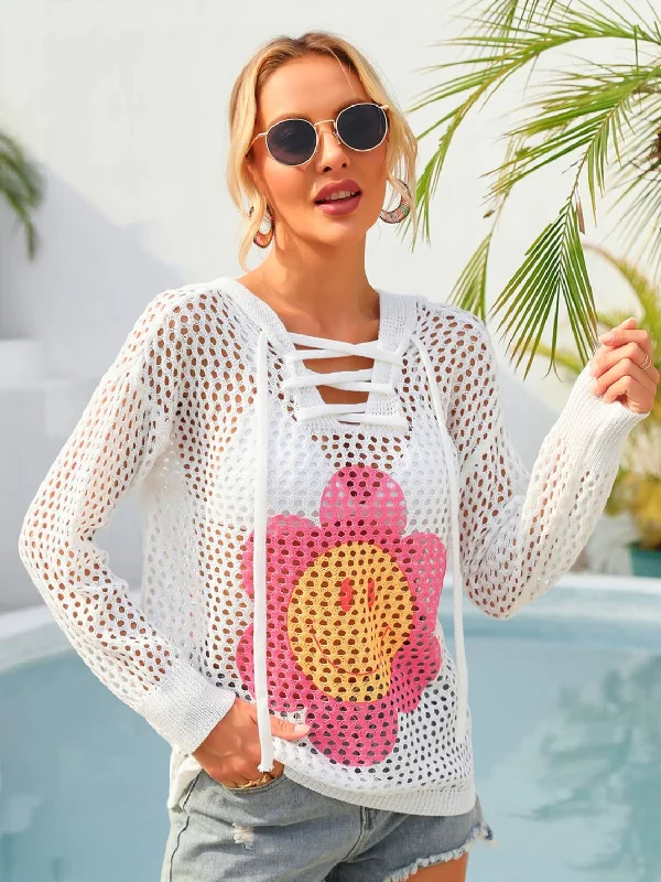 Flower Graphic Lace-Up Openwork Hooded Cover Up Hoodie with Sequins Glamorous Eye-catching