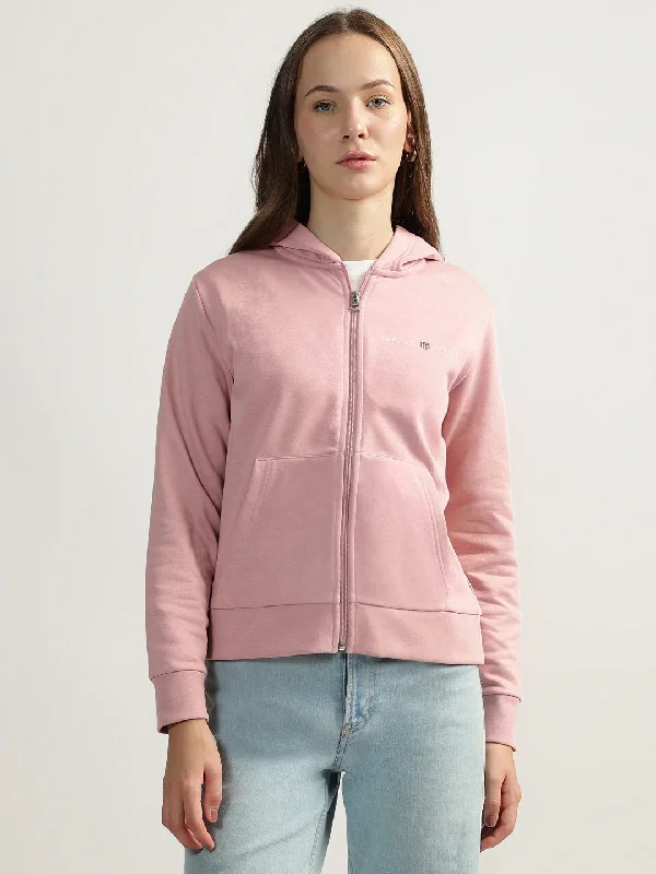 Gant Women Pink Solid Hooded Full Sleeves Front-open Sweatshirt Hoodie with Illustration Artistic Creative