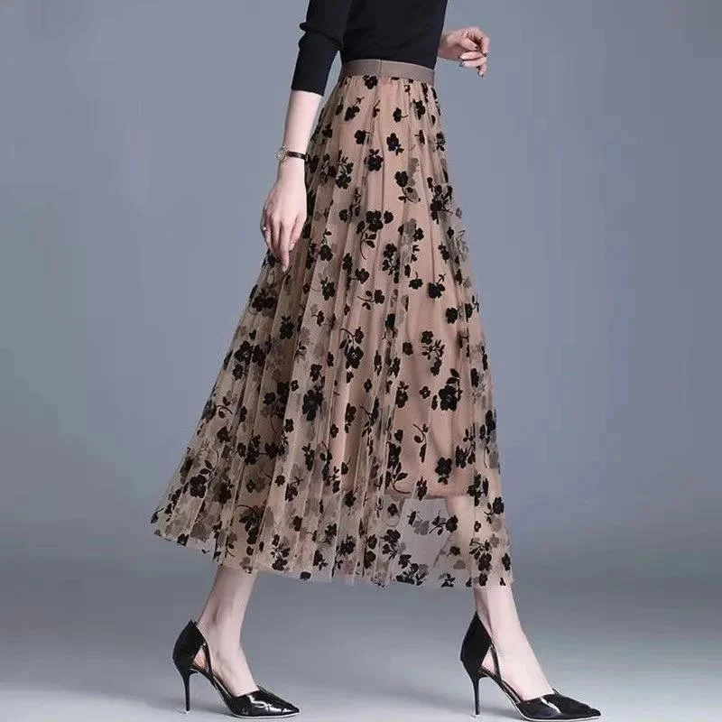 Gauze Skirt Female Floral Fairy Skirt Pleated A-line Skirt Mid-length High Waist Slimming Mesh Skirt Women's Skirt leather skirt sleek