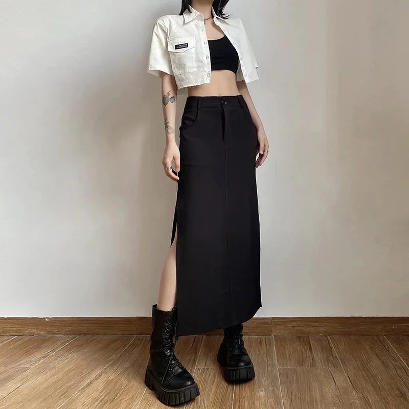 Goth Dark Streetwear Black Y2k Cargo Midi Grunge Gothic Split Sexy High Waist Skirt wool skirt sturdy